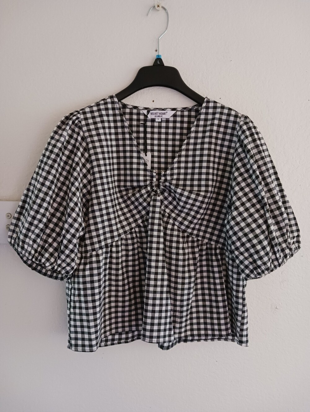 Velvet Heart Puff Sleeve Gingham Cotton Top